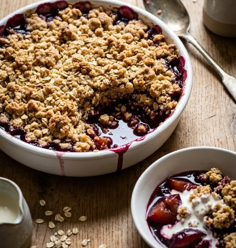 Hairy Bikers plum crumble in a white dish with a golden oat topping and purple plum juice bubbling at the edges, a portion served with cream