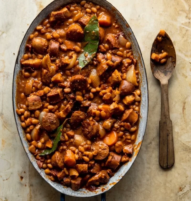 Hairy Bikers pork and bean casserole in an oval dish, haricot beans with pork belly, sausage and bay leaves in a thick sauce