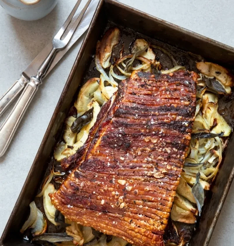 Hairy Bikers pork belly with crisp scored crackling, roasting on a bed of sliced apples, onions and sage