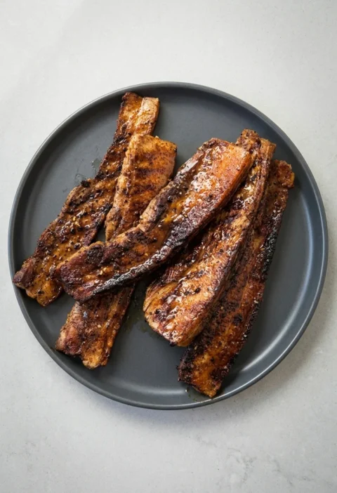 Hairy Bikers pork belly slices griddled until the fat is charred, piled on a dark grey plate with the spice marinade still glossy on top