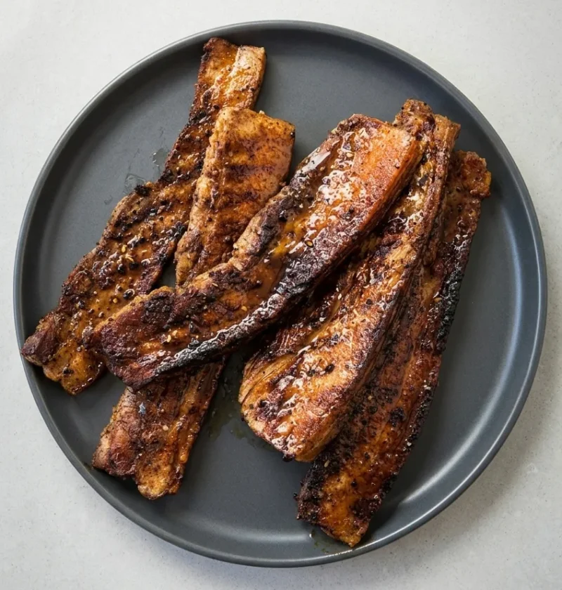 Hairy Bikers pork belly slices griddled until the fat is charred, piled on a dark grey plate with the spice marinade still glossy on top