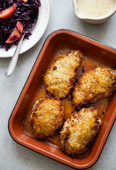 Hairy Bikers pork chop rosti in a terracotta baking tray, four steaks under crisp grated potato crusts with braised red cabbage alongside