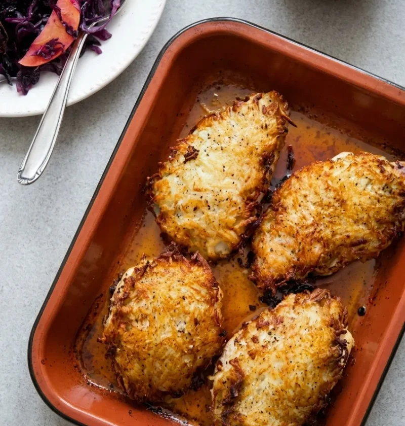 Hairy Bikers pork chop rosti in a terracotta baking tray, four steaks under crisp grated potato crusts with braised red cabbage alongside