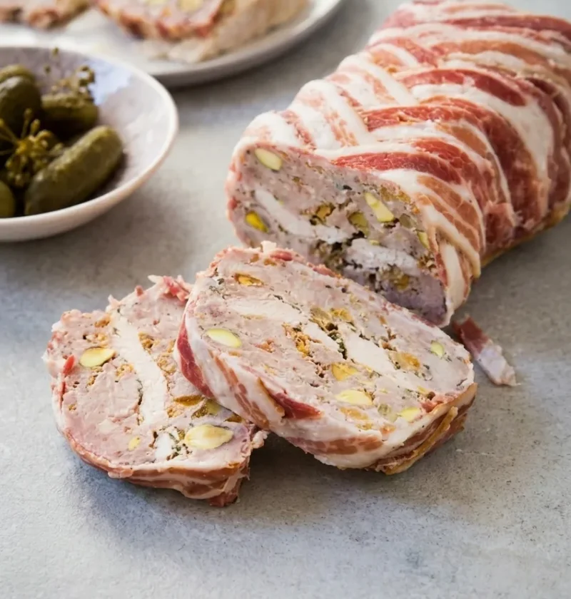 Hairy Bikers pork terrine wrapped in streaky bacon and sliced, showing pistachios, dried apricots and a band of chicken through the middle