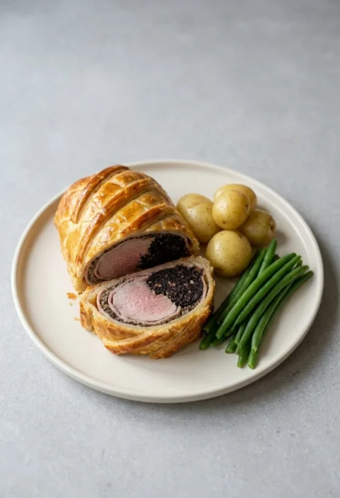 Hairy Bikers pork wellington cut open to show the pork tenderloin ringed by black pudding inside golden puff pastry, with new potatoes and green beans