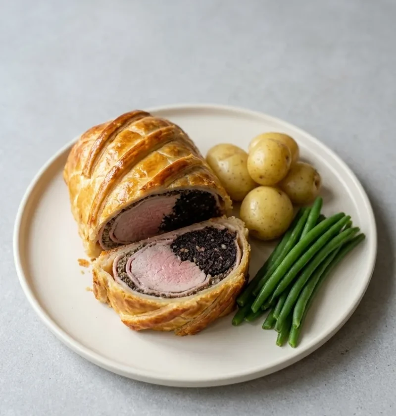 Hairy Bikers pork wellington cut open to show the pork tenderloin ringed by black pudding inside golden puff pastry, with new potatoes and green beans