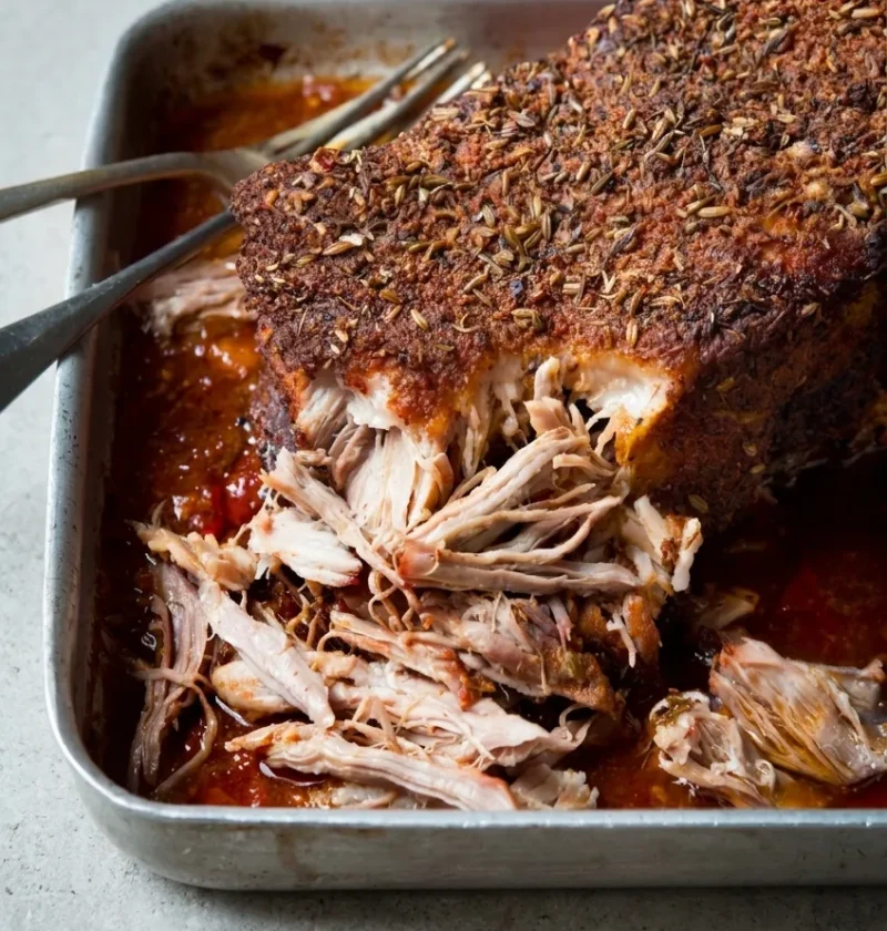 Hairy Bikers pulled pork in a roasting tin, the fennel and paprika crusted shoulder shredded into the reddish cooking liquid