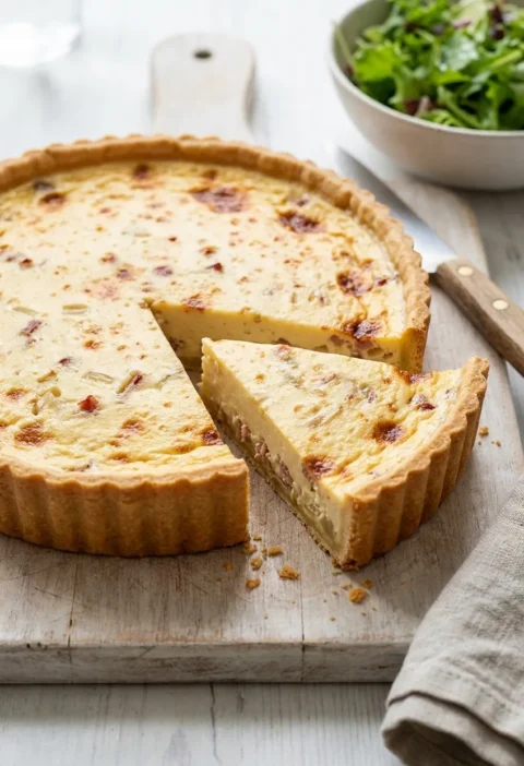 Hairy Bikers quiche lorraine on a wooden board with a wedge cut out, pale golden custard filling with bacon and onion in a deep pastry case