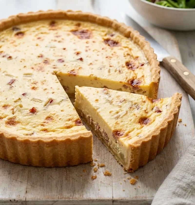 Hairy Bikers quiche lorraine on a wooden board with a wedge cut out, pale golden custard filling with bacon and onion in a deep pastry case