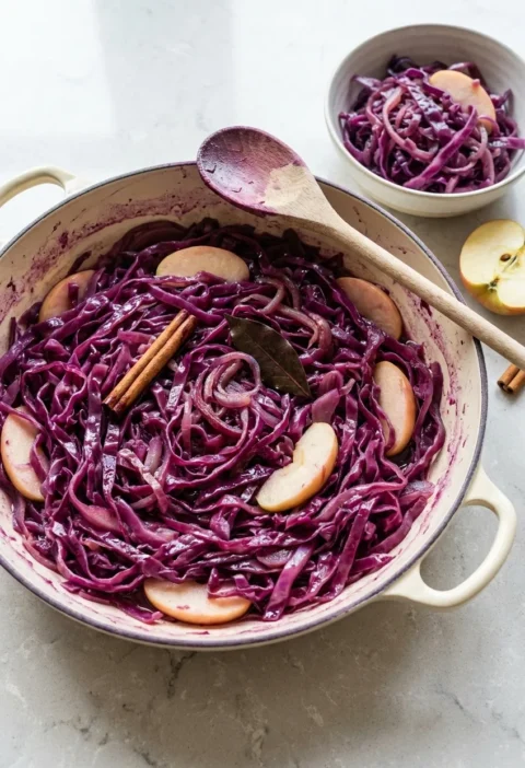 Hairy Bikers braised red cabbage in a cream pan, long purple strands with apple slices, a cinnamon stick and a bay leaf