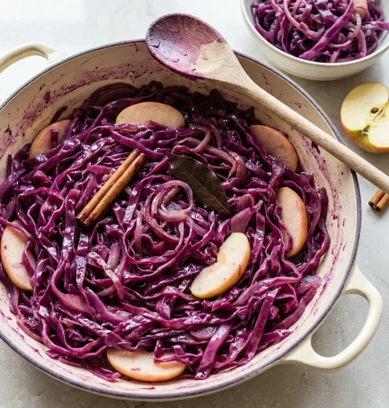 Hairy Bikers braised red cabbage in a cream pan, long purple strands with apple slices, a cinnamon stick and a bay leaf