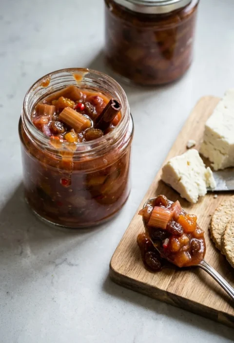 Rhubarb chutney in a glass jar with visible pieces of rhubarb and plump sultanas, spooned onto a board with cheese and oatcakes