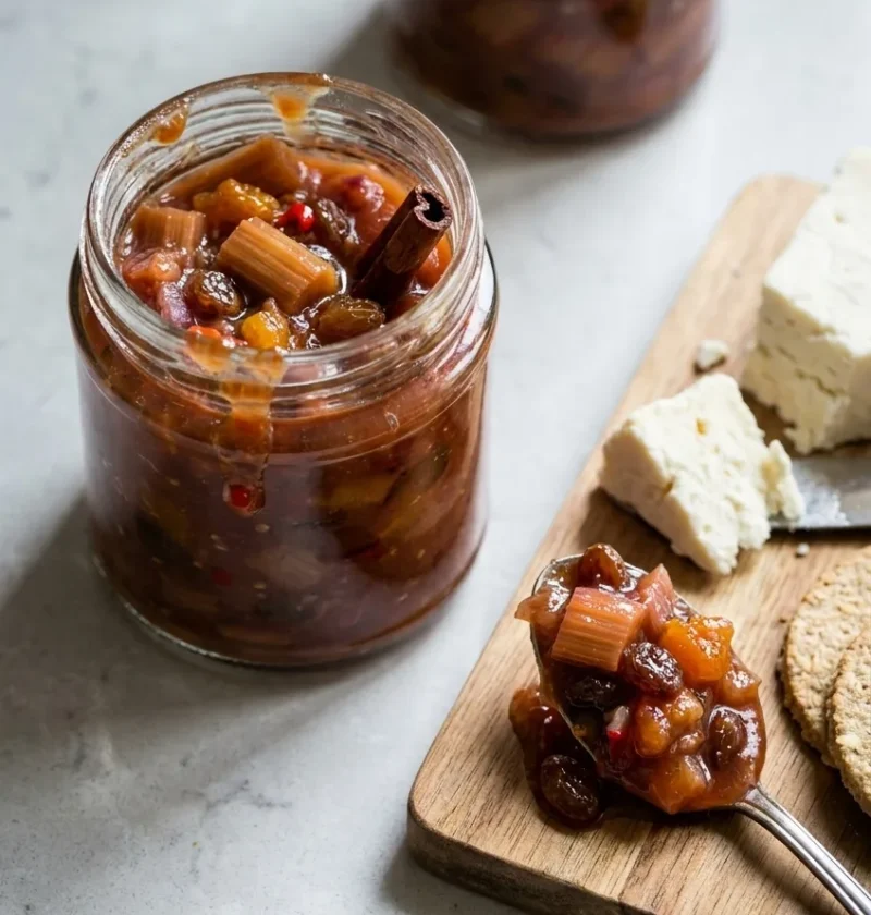 Rhubarb chutney in a glass jar with visible pieces of rhubarb and plump sultanas, spooned onto a board with cheese and oatcakes