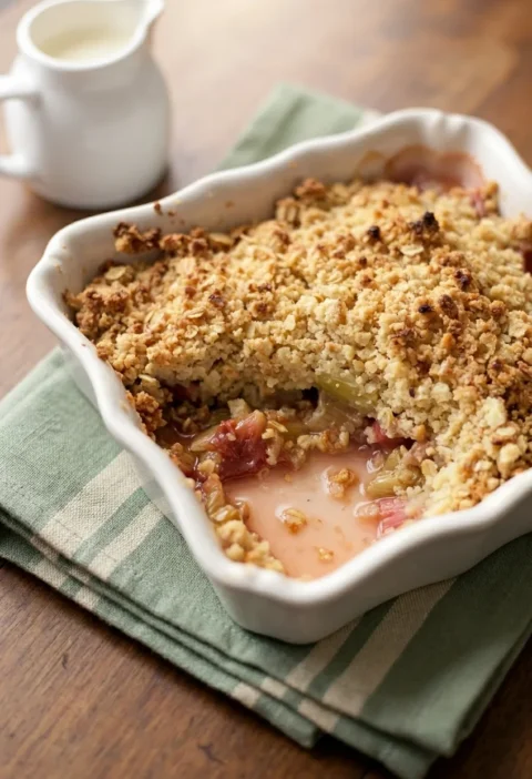 Hairy Bikers rhubarb crumble in a fluted white pie dish with a golden oat topping and pink rhubarb showing where a scoop has been taken out