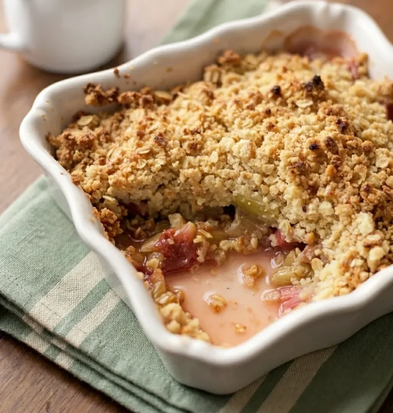 Hairy Bikers rhubarb crumble in a fluted white pie dish with a golden oat topping and pink rhubarb showing where a scoop has been taken out