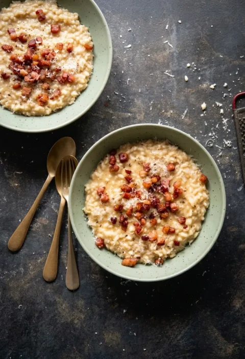 Hairy Bikers risotto carbonara in a sage green bowl topped with crisp pancetta, grated Parmesan and black pepper