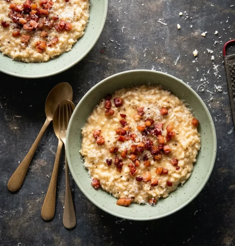 Hairy Bikers risotto carbonara in a sage green bowl topped with crisp pancetta, grated Parmesan and black pepper