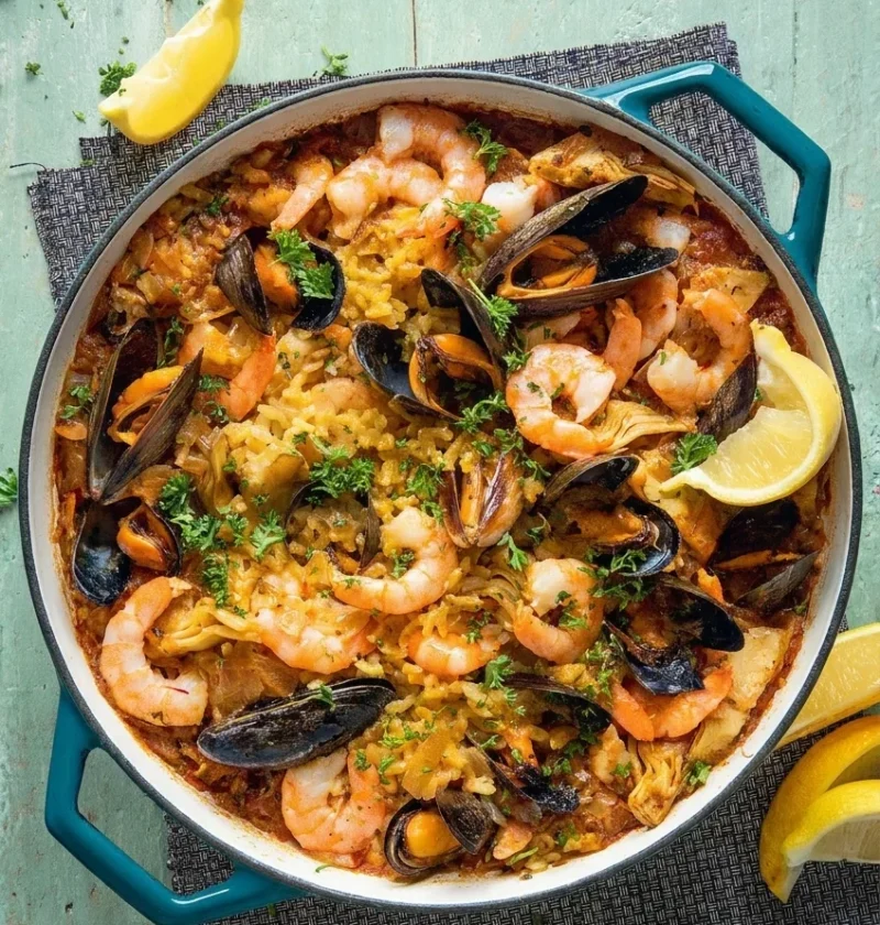Hairy Bikers seafood paella in a shallow pan with prawns, open mussels, artichoke hearts and saffron rice