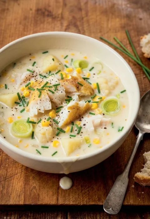 Hairy Bikers smoked haddock chowder in a cream bowl with flakes of white fish, sweetcorn, leeks and potato in a creamy broth