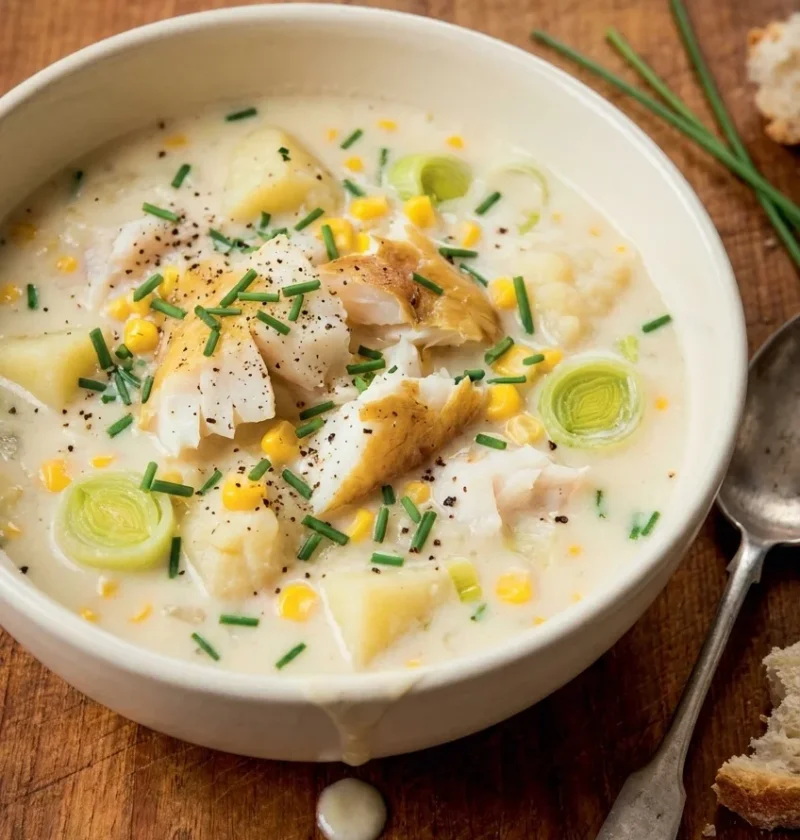 Hairy Bikers smoked haddock chowder in a cream bowl with flakes of white fish, sweetcorn, leeks and potato in a creamy broth