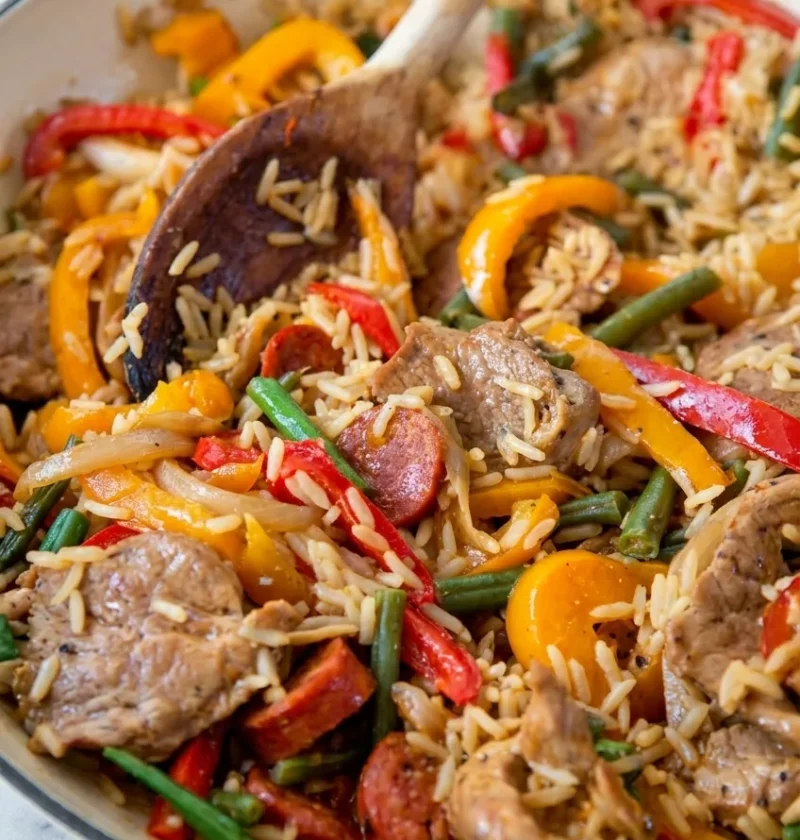 Hairy Bikers spicy pork and rice in a pan, with pork tenderloin, chorizo, red and orange peppers and green beans through the rice