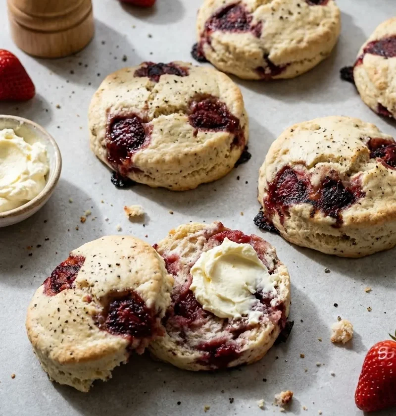 Hairy Bikers strawberry and black pepper scones on a grey worktop, pale with dark roasted strawberry patches, one split with clotted cream