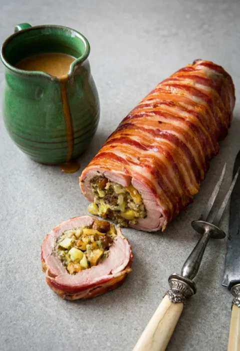 Bacon wrapped Hairy Bikers stuffed pork fillet on grey stone, one slice cut to show the apple and apricot stuffing inside