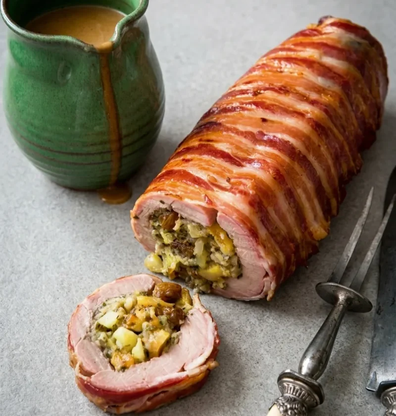 Bacon wrapped Hairy Bikers stuffed pork fillet on grey stone, one slice cut to show the apple and apricot stuffing inside