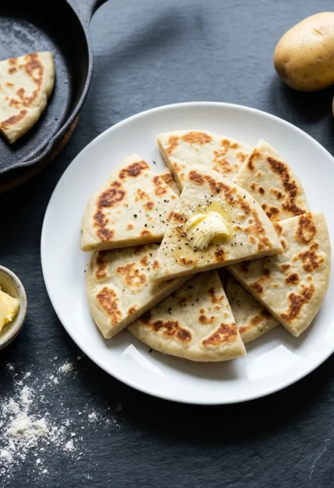 Hairy Bikers tattie scones, flat triangular potato scones with golden scorch marks, stacked on a white plate with melting butter