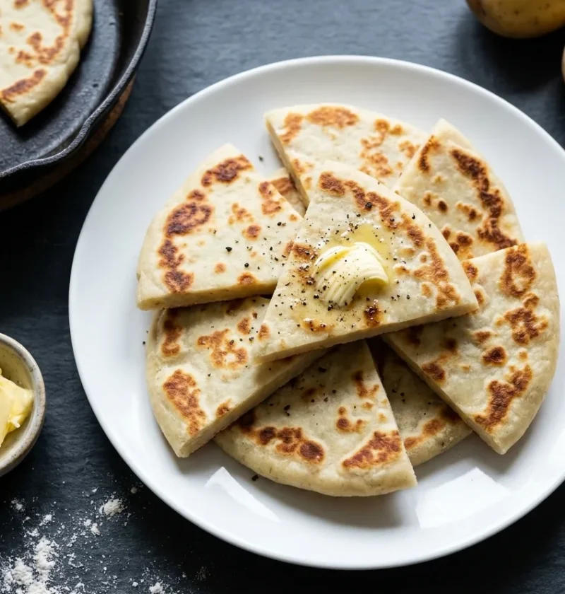 Hairy Bikers tattie scones, flat triangular potato scones with golden scorch marks, stacked on a white plate with melting butter