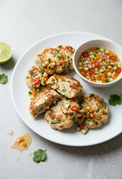 Hairy Bikers thai fish cakes on a white plate, thin golden hand-shaped discs flecked with green bean and coriander, with a chunky cucumber and chilli dip alongside