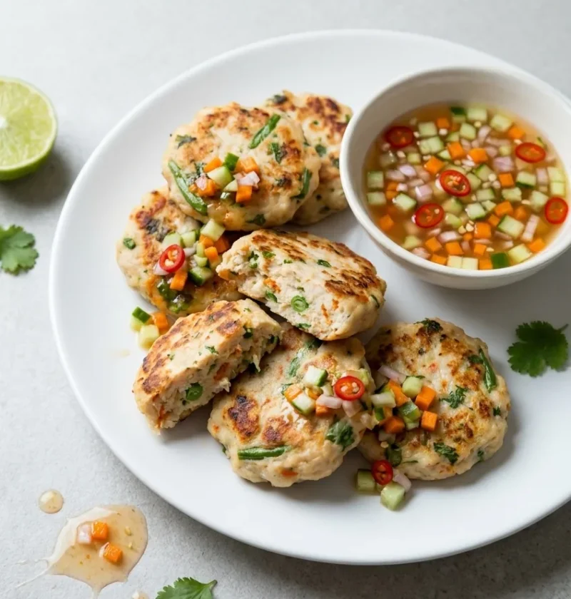 Hairy Bikers thai fish cakes on a white plate, thin golden hand-shaped discs flecked with green bean and coriander, with a chunky cucumber and chilli dip alongside