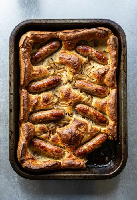 Hairy Bikers toad in the hole in a roasting tin with risen golden batter climbing the sides, eight browned sausages and onion showing through