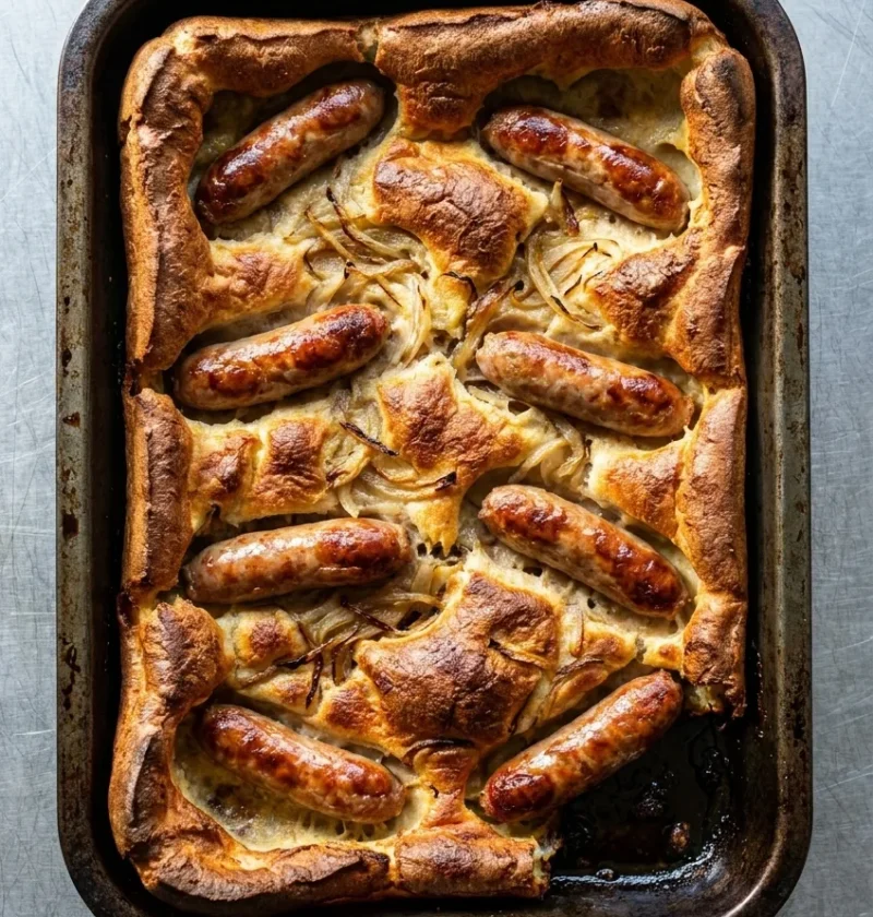 Hairy Bikers toad in the hole in a roasting tin with risen golden batter climbing the sides, eight browned sausages and onion showing through