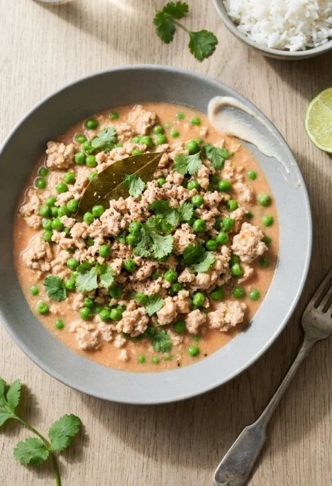 Hairy Bikers turkey keema peas in a grey bowl, pale turkey mince in a light coconut and tomato sauce with petits pois and coriander