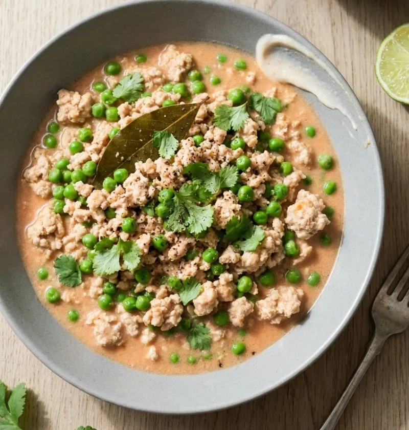 Hairy Bikers turkey keema peas in a grey bowl, pale turkey mince in a light coconut and tomato sauce with petits pois and coriander
