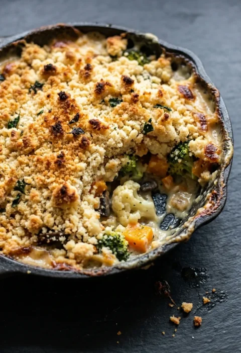 Hairy Bikers vegetable crumble in a cast iron dish with a golden cheese and parsley topping, cauliflower, broccoli and squash showing underneath