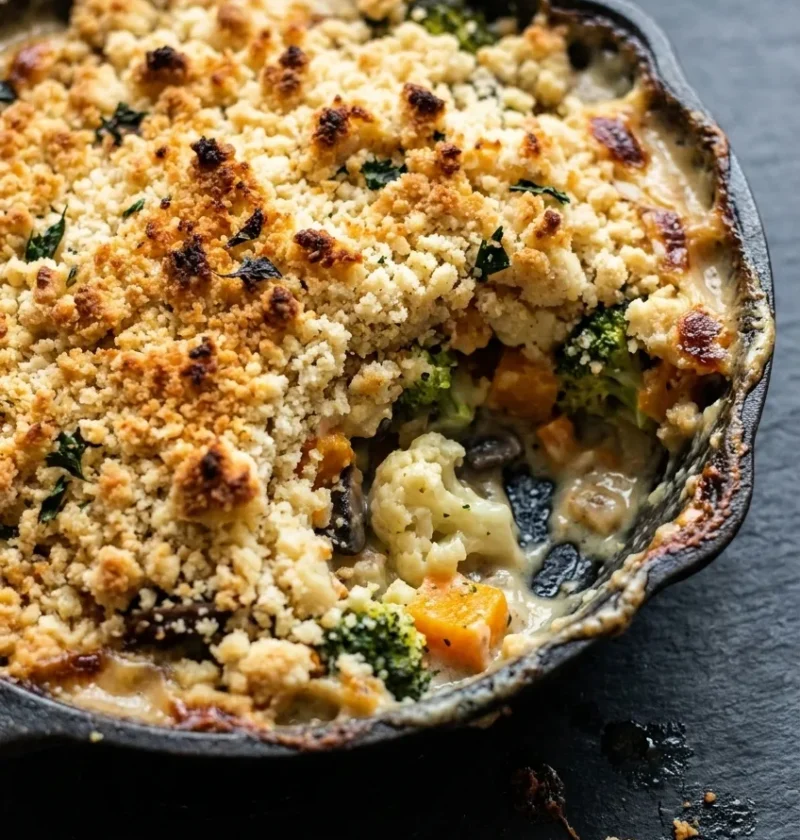 Hairy Bikers vegetable crumble in a cast iron dish with a golden cheese and parsley topping, cauliflower, broccoli and squash showing underneath