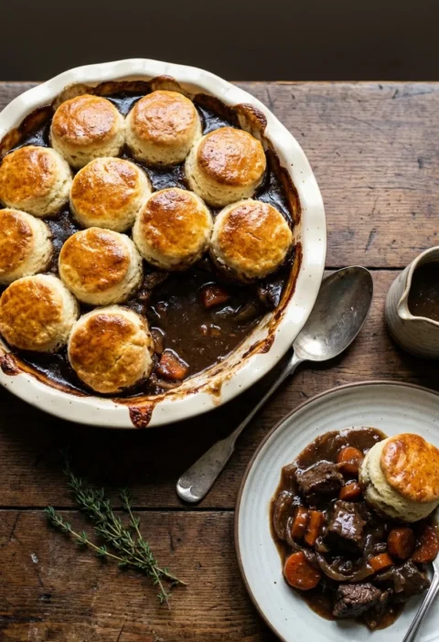 Hairy Bikers venison casserole in a cream pie dish topped with golden scone cobbles, dark ale sauce and venison chunks on a plate beside it
