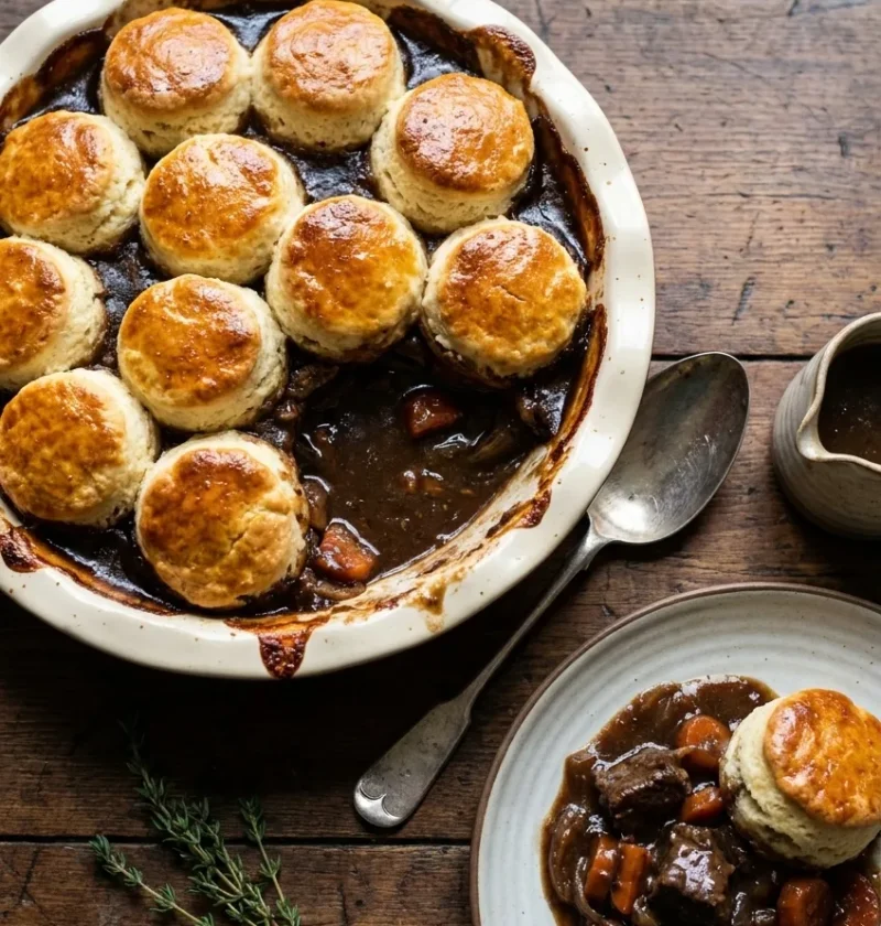 Hairy Bikers venison casserole in a cream pie dish topped with golden scone cobbles, dark ale sauce and venison chunks on a plate beside it