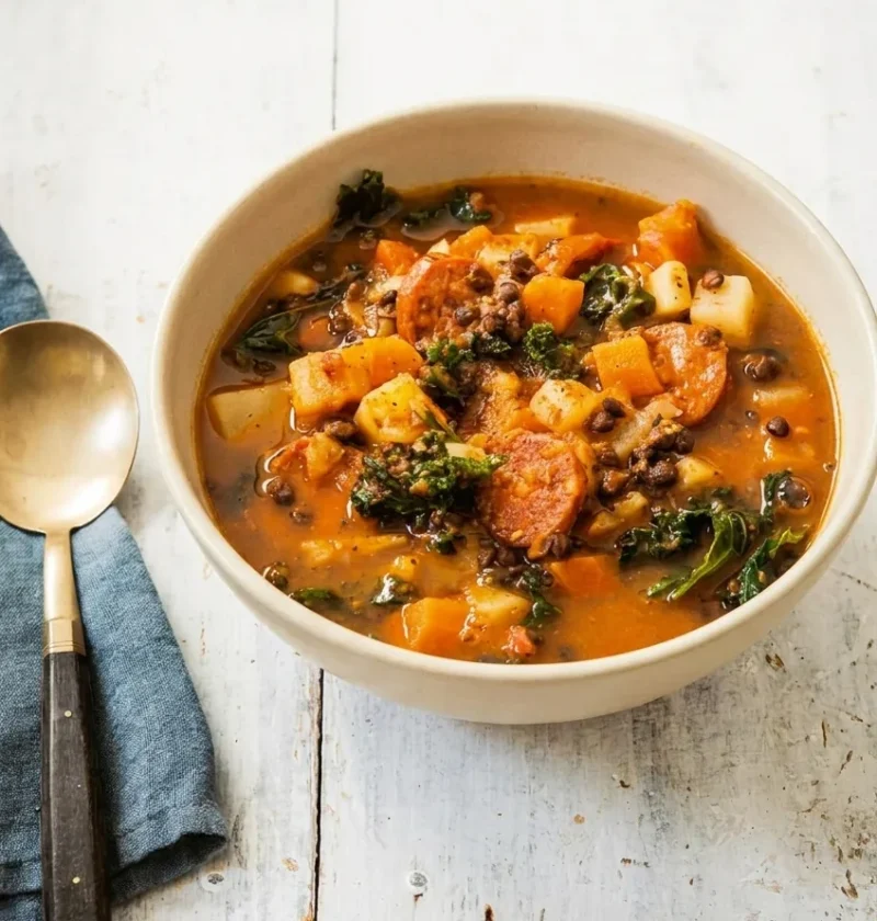 Hairy Bikers winter vegetable soup in a cream bowl with chorizo slices, root vegetables, Puy lentils and kale