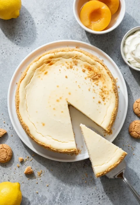 Baked ricotta cheesecake on a white plate with a thin amaretti crumb coating round the edge and no biscuit base, one wedge cut out, with poached peaches and cream beside it