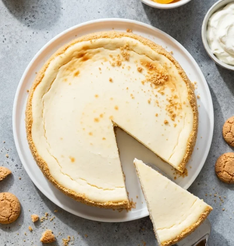 Baked ricotta cheesecake on a white plate with a thin amaretti crumb coating round the edge and no biscuit base, one wedge cut out, with poached peaches and cream beside it