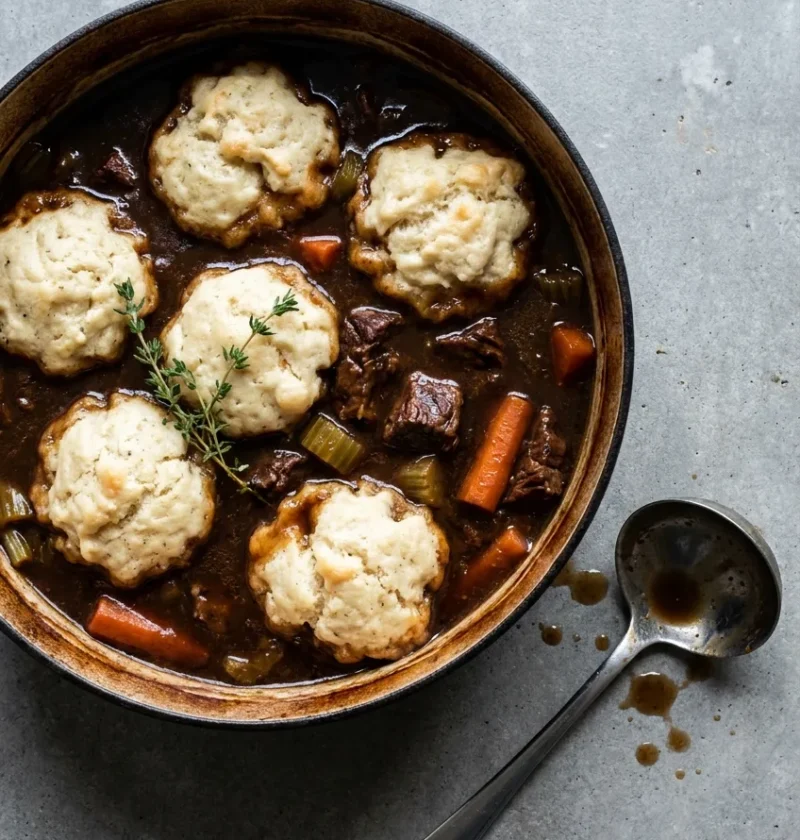 Hairy Bikers beef stew and dumplings in a cast iron pot, six risen suet dumplings sitting on dark Guinness gravy with chunks of beef and carrot