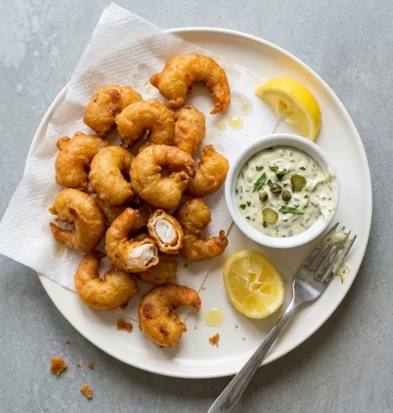 Beer battered scampi with tartare sauce and lemon wedges on a white plate
