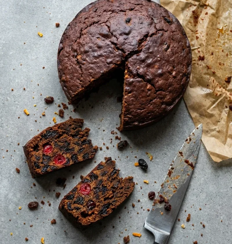 Hairy Bikers boiled fruit cake cut into slices, dark crumb packed with cherries and raisins