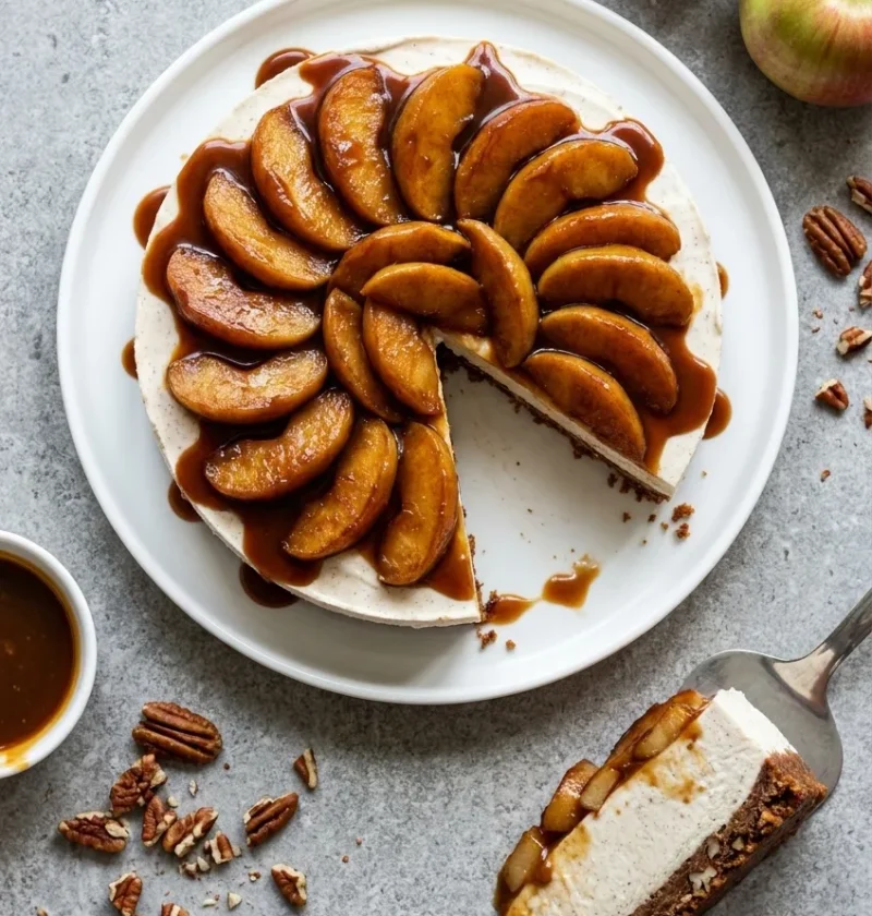 No-bake apple cheesecake on a white plate with caramelised apple wedges spiralled on top, one slice cut out showing the pecan biscuit base and pale cream cheese filling