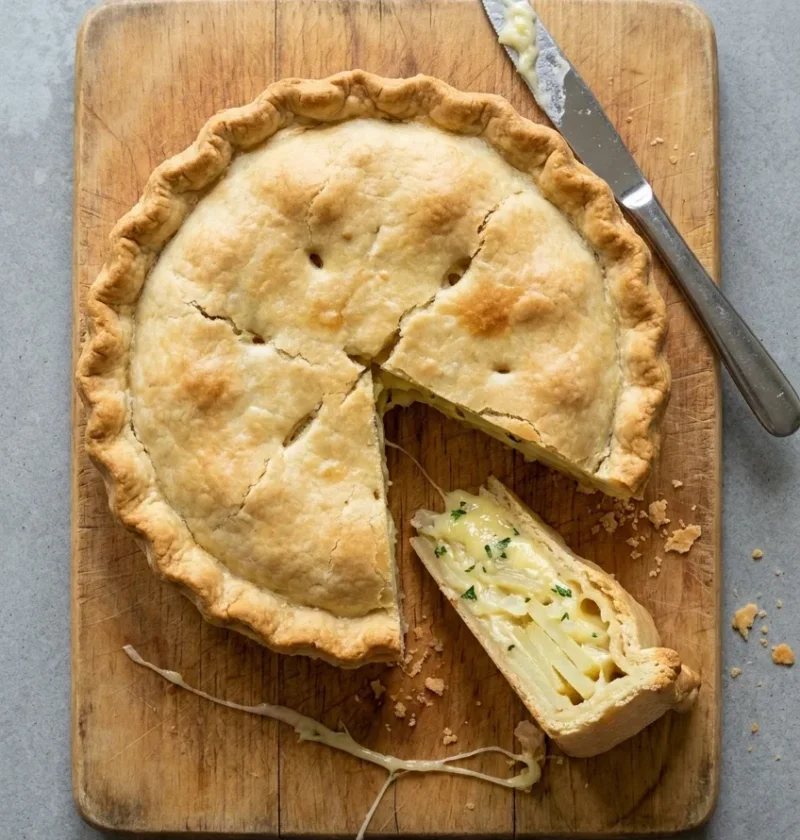 Cheese and potato pie with a crimped golden pastry lid on a wooden board, one wedge cut to show layers of potato and melted cheese
