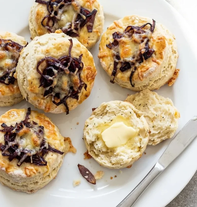 Tall cheese scones topped with caramelised red onion and melted Gruyère on a white plate, one split open with butter