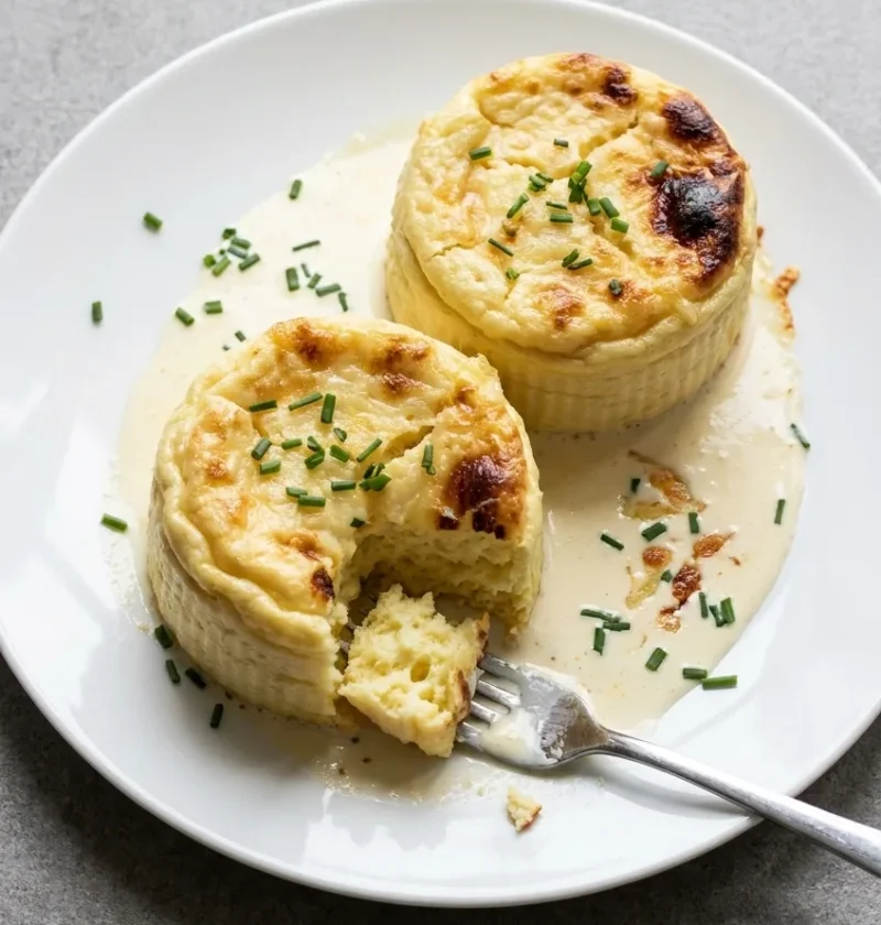 Two twice-baked cheese souffles on a white plate with melted Gruyere on top, cream pooled around them and chives, one broken open with a fork to show the pale yellow inside
